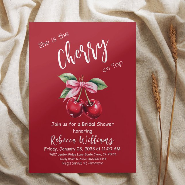 Red Cherry on Top Coquette Bow Bridal Shower Invitation (Creator Uploaded)