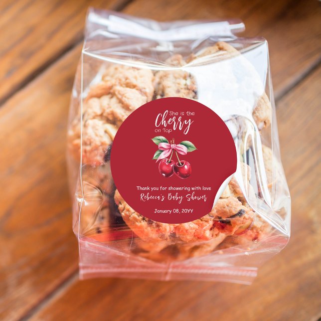 Red Cherry on Top Coquette Pink Bow Baby Shower Classic Round Sticker (Creator Uploaded)