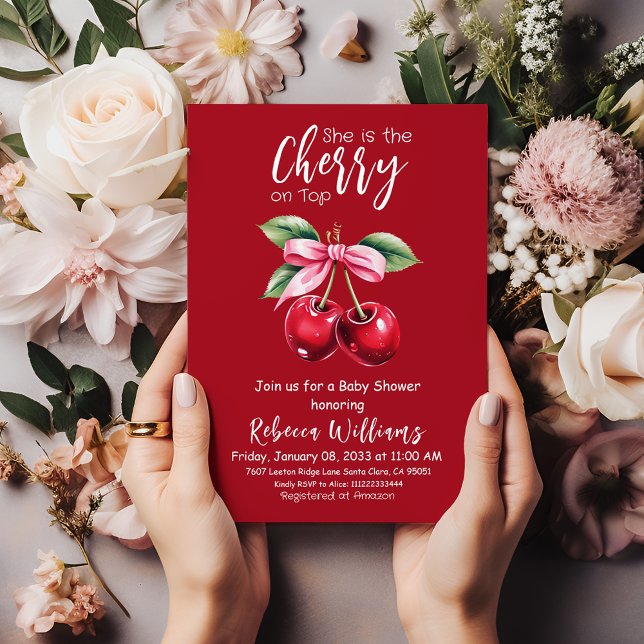 Red Cherry on Top Coquette Pink Bow Baby Shower Invitation (Creator Uploaded)