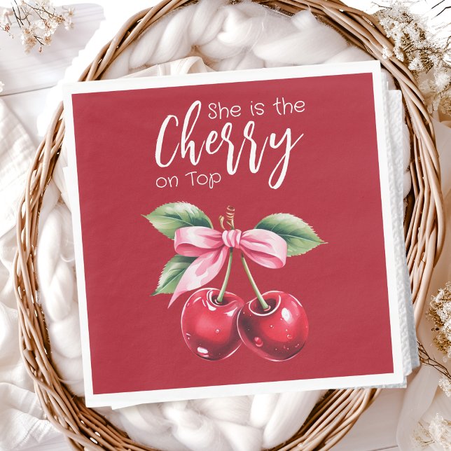Red Cherry on Top Coquette Pink Bow Baby Shower Napkin (Creator Uploaded)