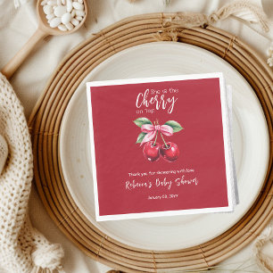 Red Cherry on Top Coquette Pink Bow Baby Shower Napkin