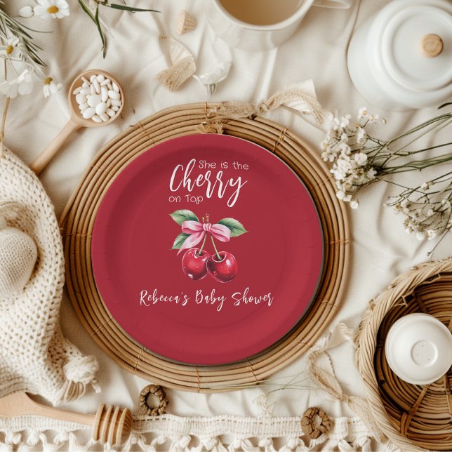 Red Cherry on Top Coquette Pink Bow Baby Shower Paper Plate (Creator Uploaded)
