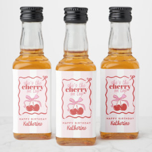 Red Cherry on Top Pink Stripes Birthday Party Liquor Bottle Label