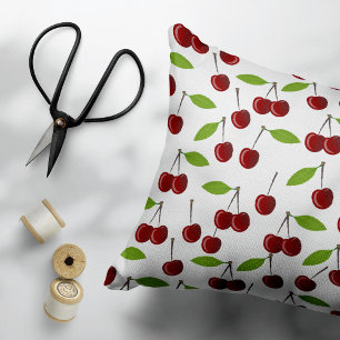 Red Cherry, Pattern Of Cherries, Leaves, Fruit Decorative Cushion