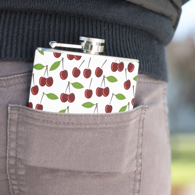 Red Cherry, Pattern Of Cherries, Leaves, Fruit Hip Flask (In Situ)