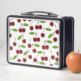 Red Cherry, Pattern Of Cherries, Leaves, Fruit Metal Lunch Box