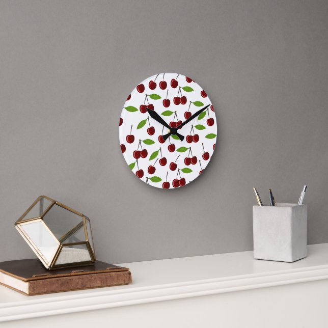 Red Cherry, Pattern Of Cherries, Leaves, Fruit Round Clock (Office)