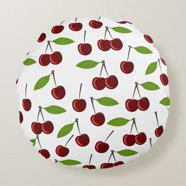Red Cherry, Pattern Of Cherries, Leaves, Fruit Round Cushion (Front)