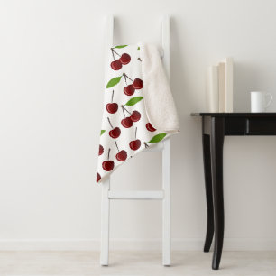 Red Cherry, Pattern Of Cherries, Leaves, Fruit Sherpa Blanket