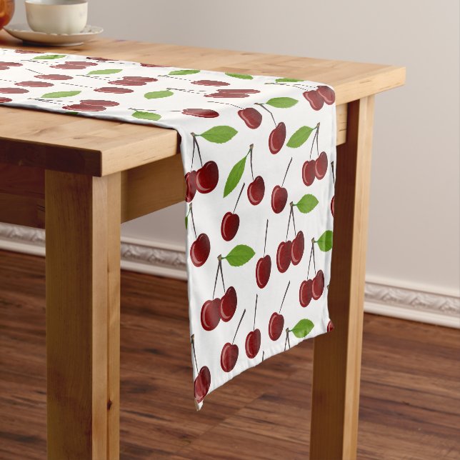 Red Cherry, Pattern Of Cherries, Leaves, Fruit Short Table Runner (In Situ)