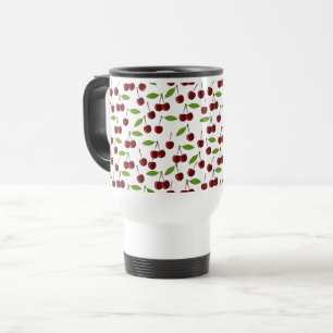 Red Cherry, Pattern Of Cherries, Leaves, Fruit Travel Mug