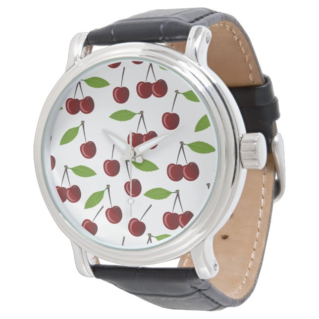 Red Cherry, Pattern Of Cherries, Leaves, Fruit Watch (Angled)