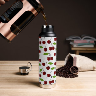 Red Cherry, Pattern Of Cherries, Leaves, Fruit Water Bottle