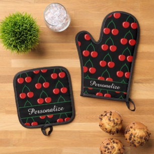 Red cherry print personalised kitchen oven mitt & pot holder set