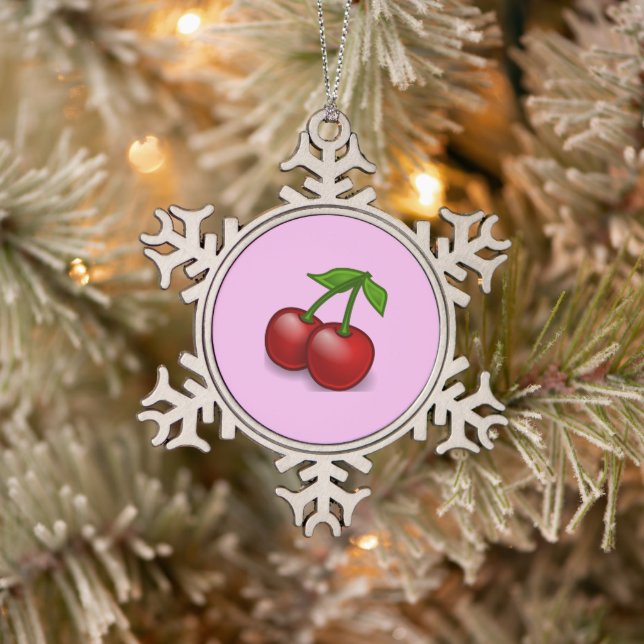 Red Cherry, Red Cherries, Sweet Cherry, Fruit Snowflake Pewter Christmas Ornament (Tree)
