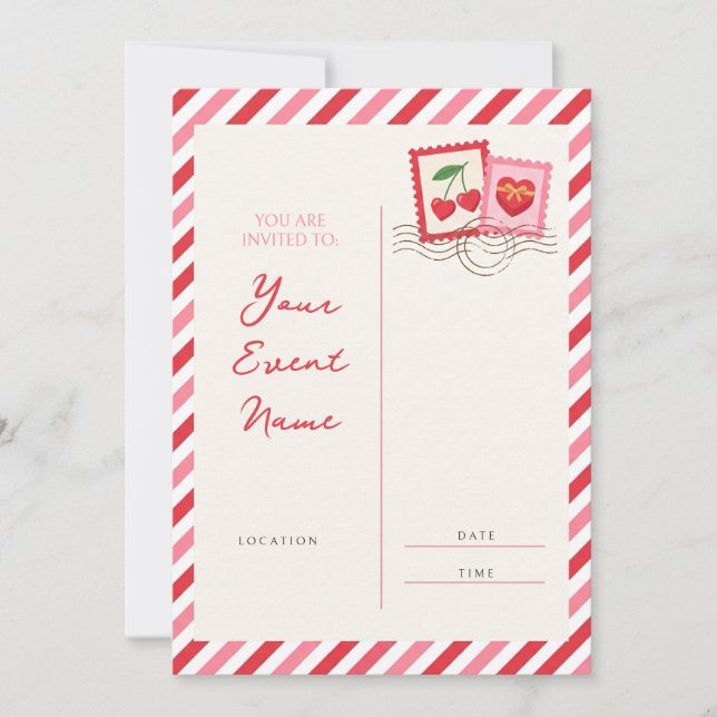 Red Cherry Stamp Pink Candy Stripe Postcard (Front)