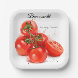 Red cherry tomatoes and spray watercolor painting paper plate