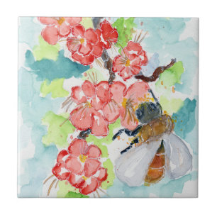 Red Cherry Tree Blossoms and Bee Tile