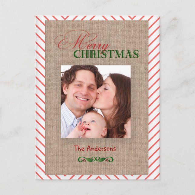 Red Chevron and Burlap Christmas Photo Card (Front)