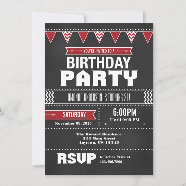 Red Chevron Chalkboard Birthday Invitation (Front)