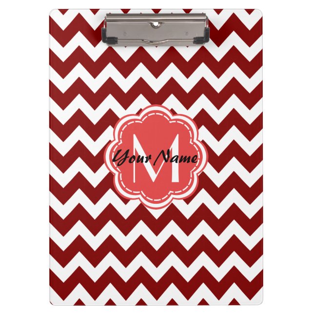 Red Chevron Floral Monogram, Personalised Name Clipboard (Front)