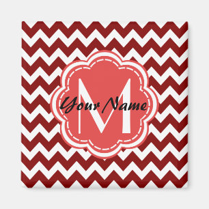 Red Chevron Floral Monogram, Personalised Name Magnet