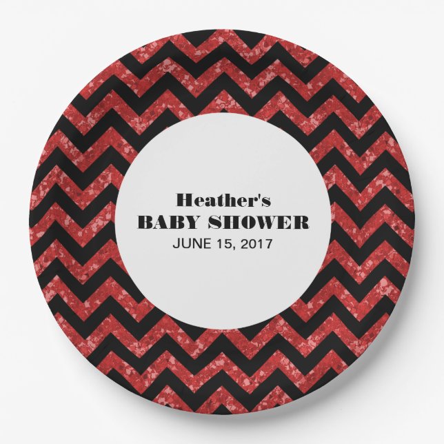 Red Chevron Glitter Baby Shower Paper Plates (Front)