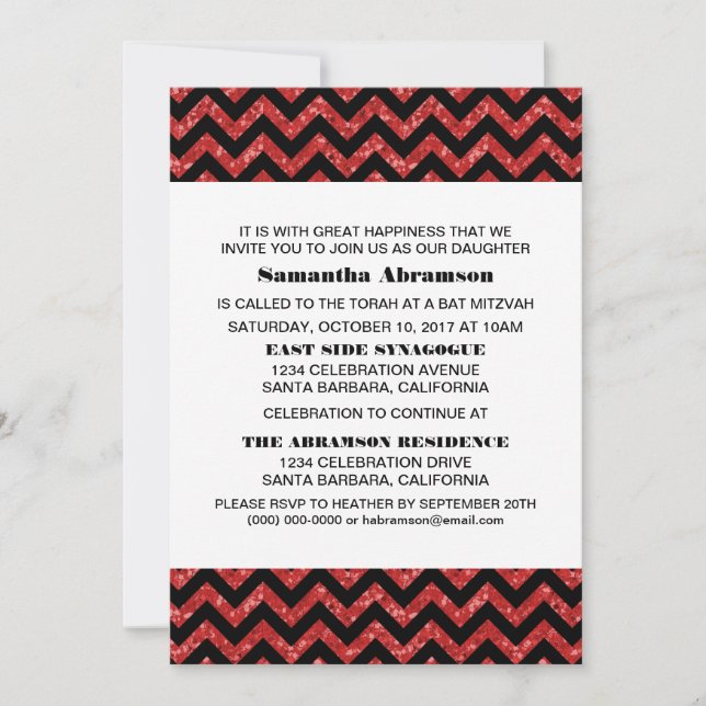 Red Chevron Glitter Bat Mitzvah Invite (Front)