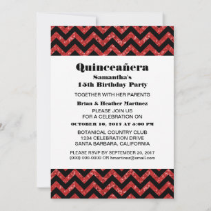 Red Chevron Glitter Quinceañera Party Invite