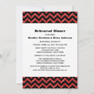 Red Chevron Glitter Rehearsal Dinner Invite
