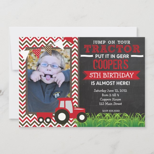 Red Chevron Tractor Birthday Party Invitation (Front)