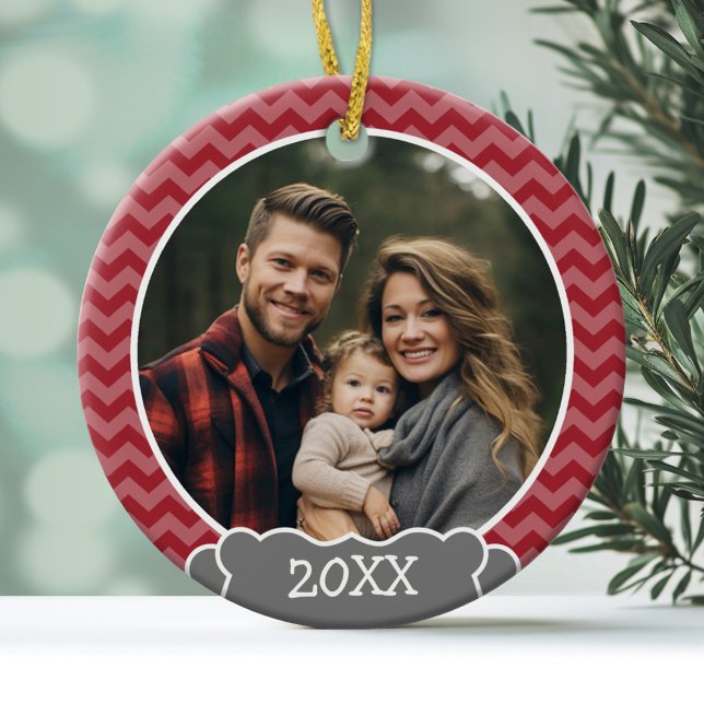 Red chevrons photo frame with year ceramic tree decoration (A modern photo ornament with a red chevron border and place to add a year.)