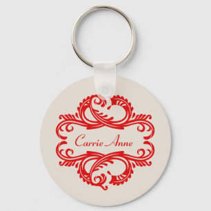 Red Chic Damask Keychain