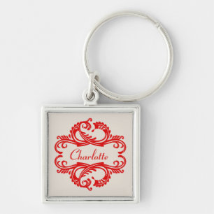 Red Chic Damask Premium Keychain