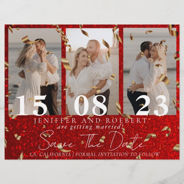 Red Chic Glitter Photo Collage Save the Date Card (Front)