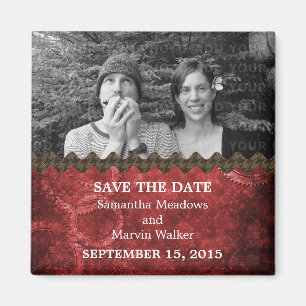 Red Chic Steampunk Photo Save the Date Magnet