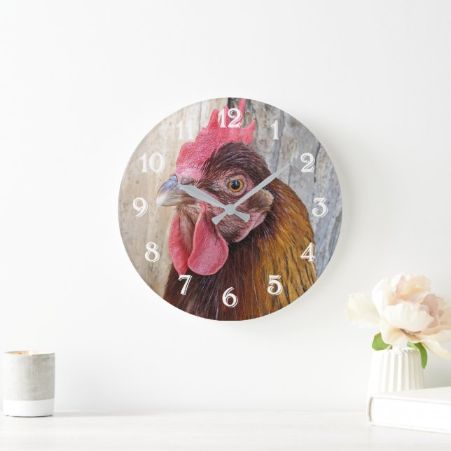 Red Chicken Hen Photo Large Clock (Home)