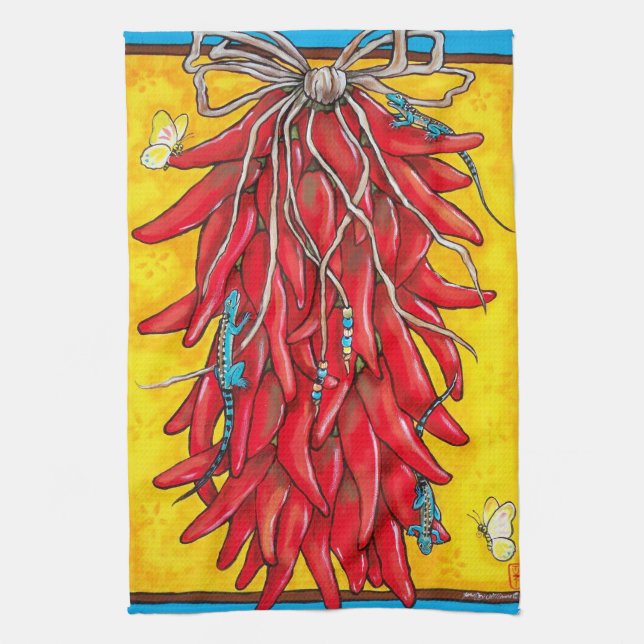 Red Chile Chilli Pepper Ristra Towel Lizard Yellow (Vertical)