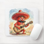 Red Chili Pepper Guitar Player Mouse Pad<br><div class="desc">A cheerful cartoon red pepper wearing a sombrero strums a guitar, radiating a playful and whimsical vibe</div>