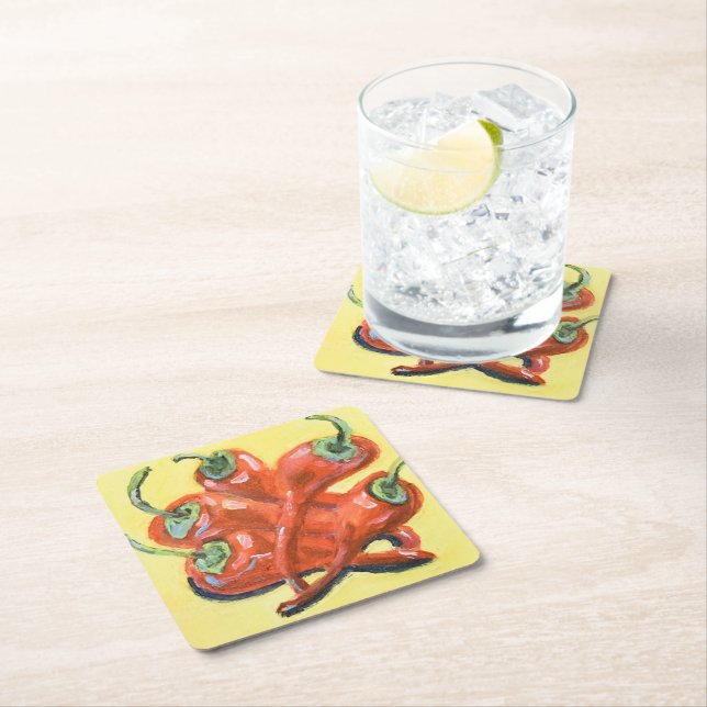 Red Chili Peppers Square Paper Coaster (Insitu)