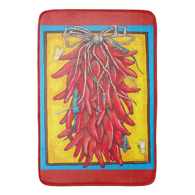 Red Chilli Chile Pepper Ristra Lizard Bath Mat (Front Vertical)