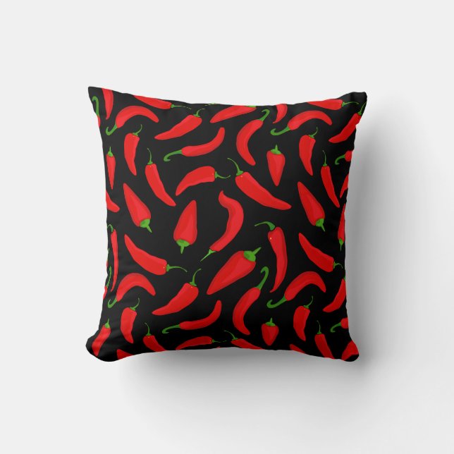 Red Chilli Pepper Pattern on Black Fun Cushion (Front)
