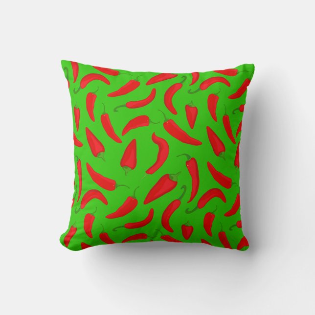 Red Chilli Pepper Pattern on Green Fun Cushion (Front)