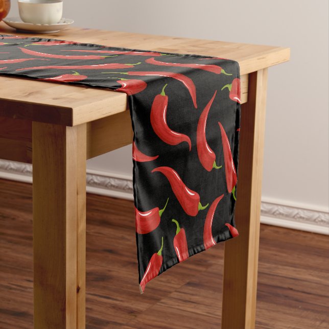 Red Chilli Peppers on Black Table Runner (In Situ)