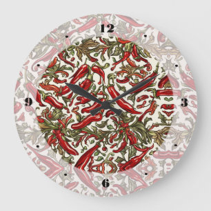 Red Chilli Peppers Vintage Pattern  Large Clock