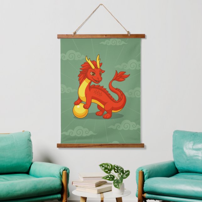Red Chinese Dragon on Green Hanging Tapestry (Living Room)
