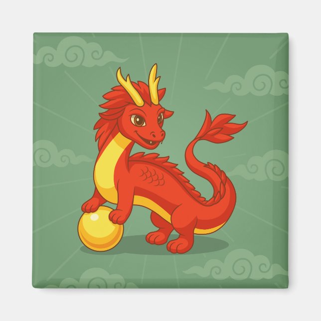 Red Chinese Dragon on Green Magnet (Front)