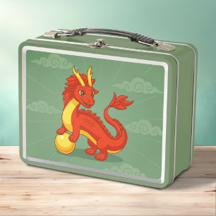 Red Chinese Dragon on Green Metal Lunch Box