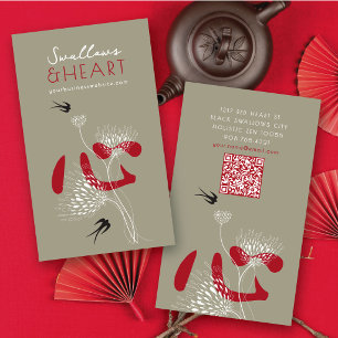 Red Chinese Heart & Oriental Swallows Birds Floral Business Card