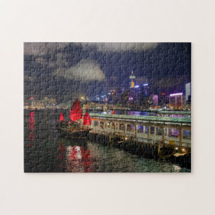 Red Chinese Junk in Hong Kong at Night Puzzle